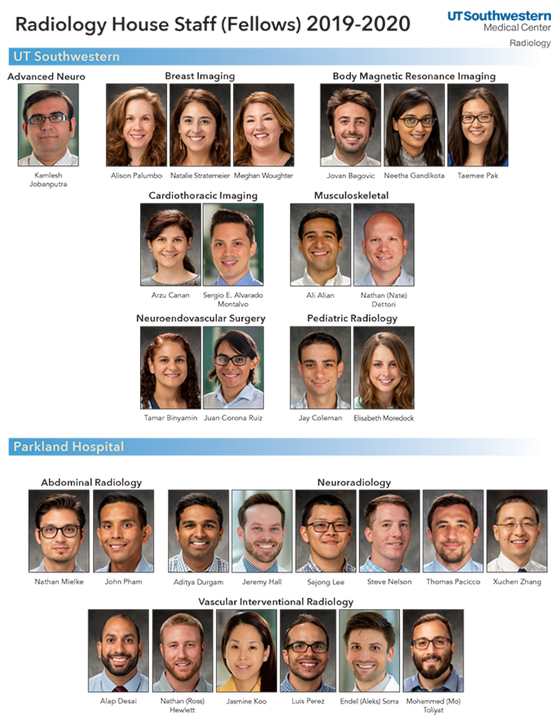 2019-2020 Radiology Fellows composite. Names and fellow information can be found in the text below.